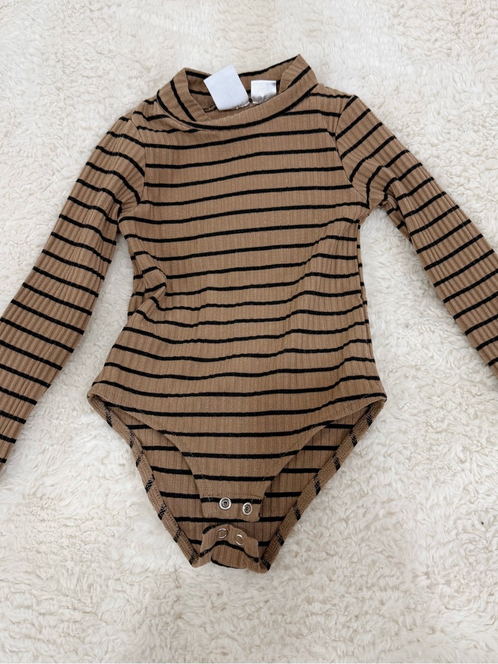 Zara Tan and Black Striped Ribbed Long-Sleeve Bodysuit